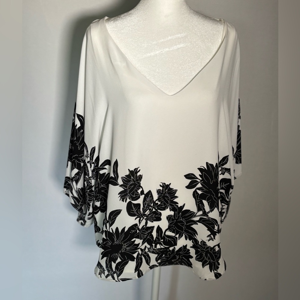 White House Black Market White V-Neck Blouse with Black Floral Border Print